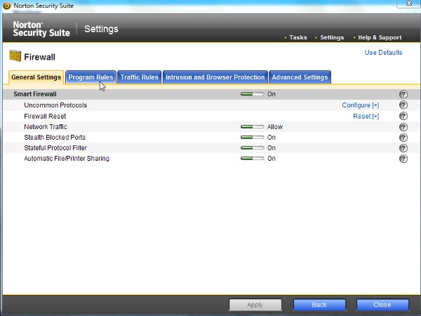 Firewall control panel in Norton Security Suite