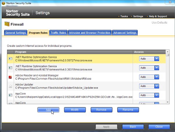 Firewall control panel (Program Rules Tab) in Norton Security Suite
