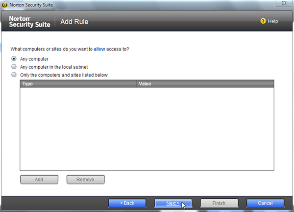 Screen 3 of 'Add Rule' wizard in Norton Security Suite
