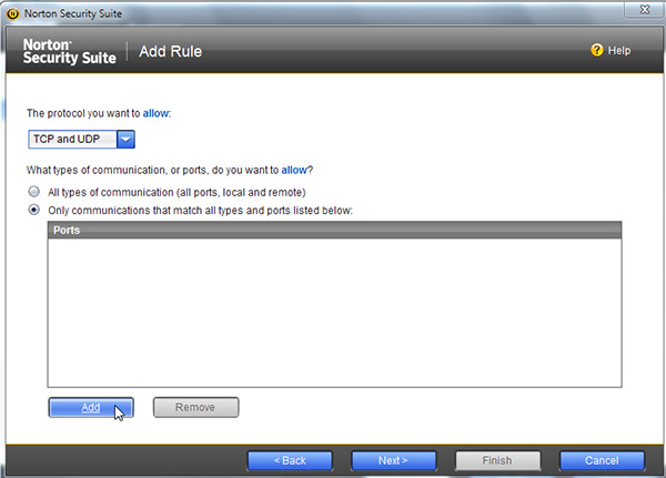 Screen 4 of 'Add Rule' wizard in Norton Security Suite